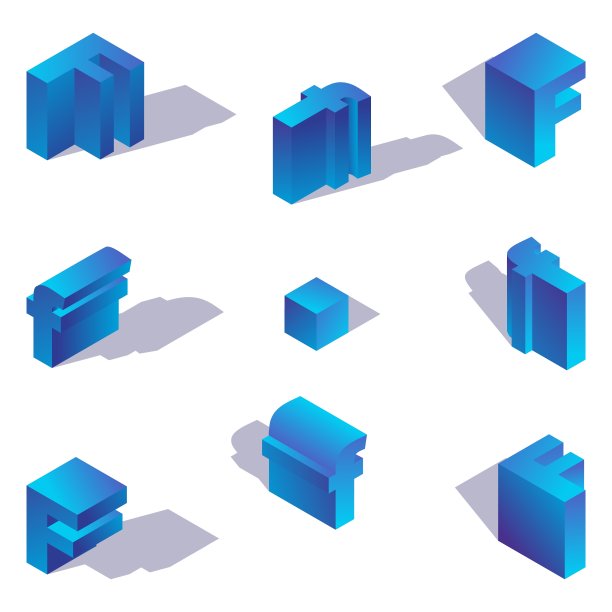 等距字母F.英文字体元素，以大写和小写字母表示，以各种透视缩短表示，阴影以蓝色表示。图片下载