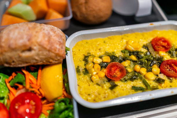 健康的素食玉米烤食物vgml热餐在飞机飞行托盘与西红柿和菠菜和面包沙拉蔬菜特写图片下载