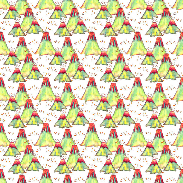 手绘水彩火山喷发无缝模式上的白色背景。无尽的火山印。墙纸。图片下载