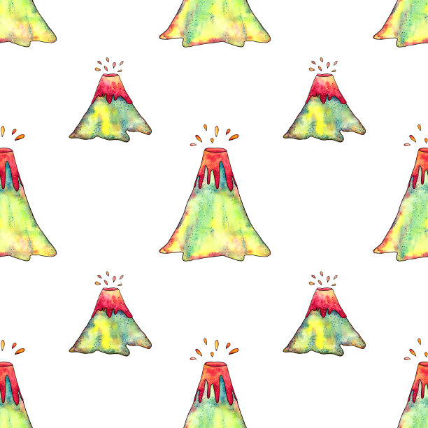 手绘水彩火山喷发无缝模式上的白色背景。无尽的火山印。墙纸。图片下载