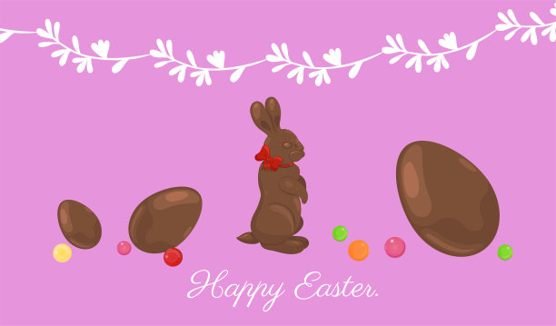 用巧克力兔子和鸡蛋装饰的复活节横幅。矢量图形图片下载