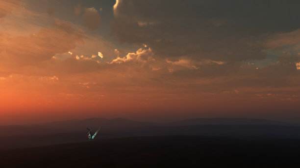 飞机坠毁在沙质地形和多云的天空。3 d渲染。图片下载