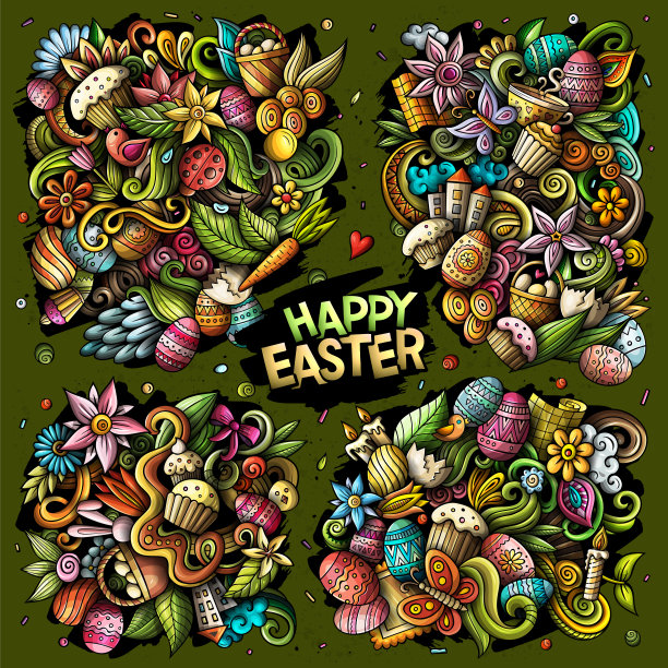 矢量涂鸦卡通的复活节快乐组合的对象图片下载