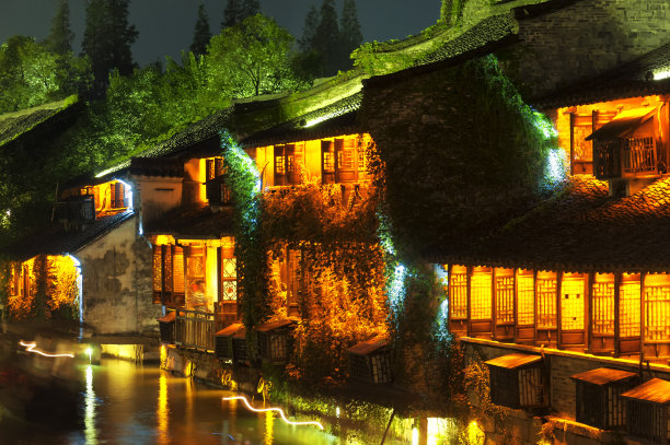 中国乌镇夜景建筑图片下载