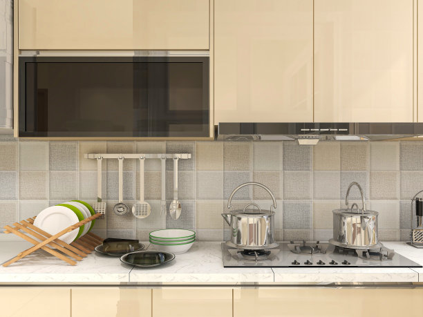 3D渲染，宽敞现代豪华厨房与酒吧设计。图片下载