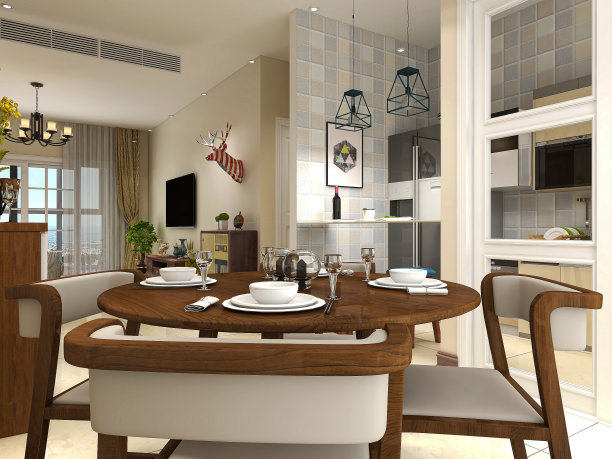 3D效果图，温馨餐厅区域设计，木制桌椅图片下载