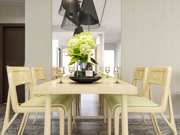 3D效果图，温馨餐厅区域设计，木制桌椅图片下载