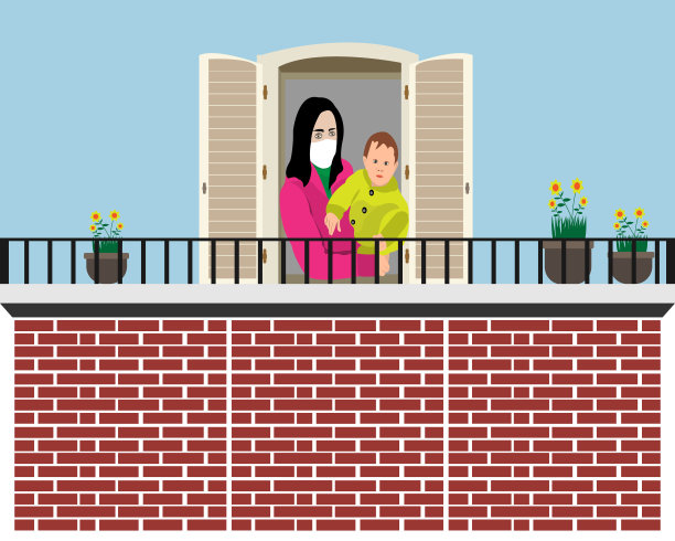 慈爱的母亲戴着口罩带着婴儿坐在窗前冠状病毒恐惧呆在家里阳台房子背景，矢量插画，平面艺术设计图片下载