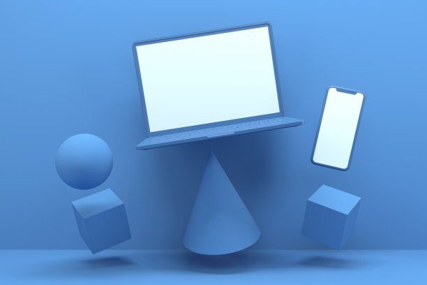空白屏幕智能手机和笔记本电脑与几何形状，最小的技术概念，零重力图片下载