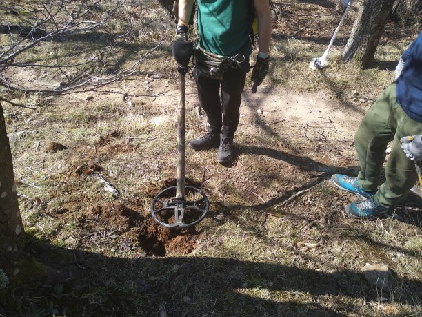 孩子们在托斯卡纳乡村用金属探测器寻找大自然中埋藏的宝藏图片下载