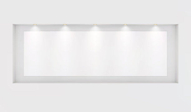您的图像基础在一个壁龛与背光在白墙上。展览的地点。前视图，布局模板设计。灯光效果在一个单独的层。向量。图片下载