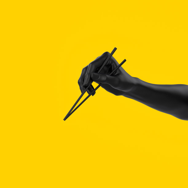 黑手用筷子孤立黄色，寿司食物在日本餐厅菜单概念3d插图。图片下载