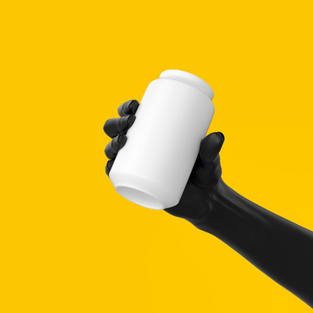 黑色抽象手势手持白色可孤立在黄色背景上，展示饮料横幅模型，汽水饮料广告创意设计概念，3d渲染图片下载