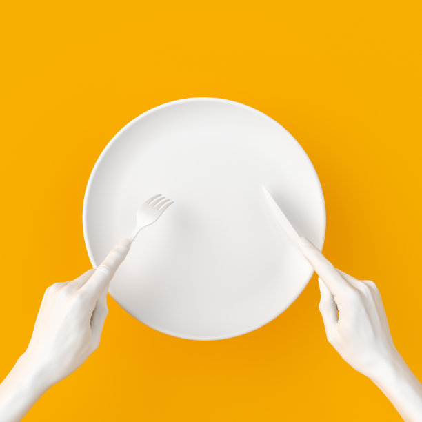 抽象美食餐厅概念横幅。孤立的白色空盘子，手握叉和刀，俯视图3d渲染。图片下载