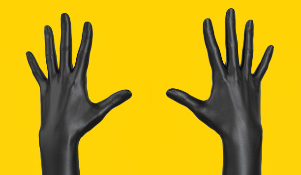 双手分开抓黄，手掌张开黑色手势。3 d渲染。艺术创意传播理念旗帜。图片下载