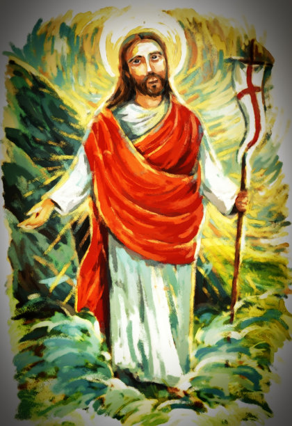 平静的耶稣弥赛亚举起手掌在背景-插图图片下载