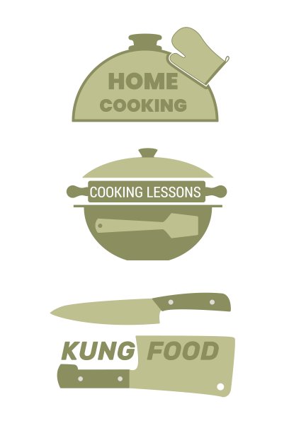烹饪标签设置为家庭食物。钟盖，锅，带斧头的刀。排版标志烹饪节目或频道。图片下载