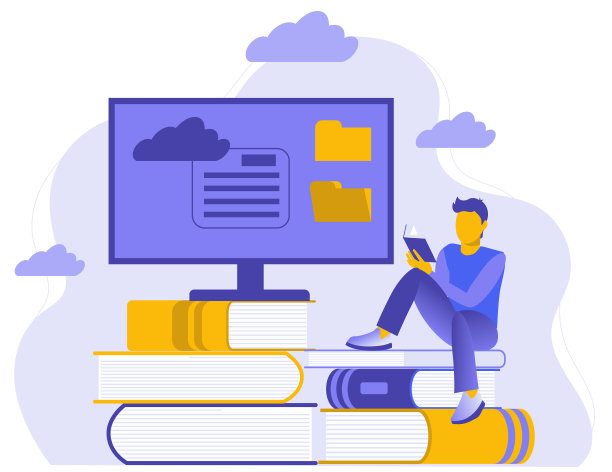 电脑显示器放在一堆书上。阅读文学，获取知识，学习。在云端存储电子书。图片下载