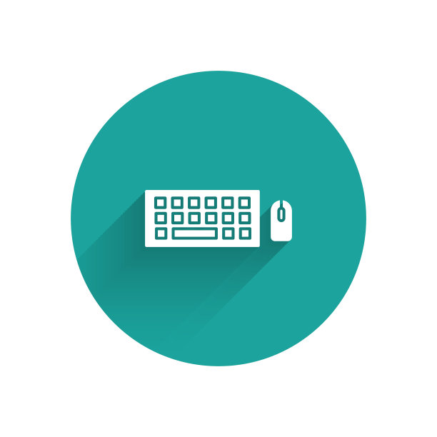 白色的电脑键盘和鼠标图标与长阴影隔离。电脑组件的信号。绿色圆圈按钮。矢量图图片下载