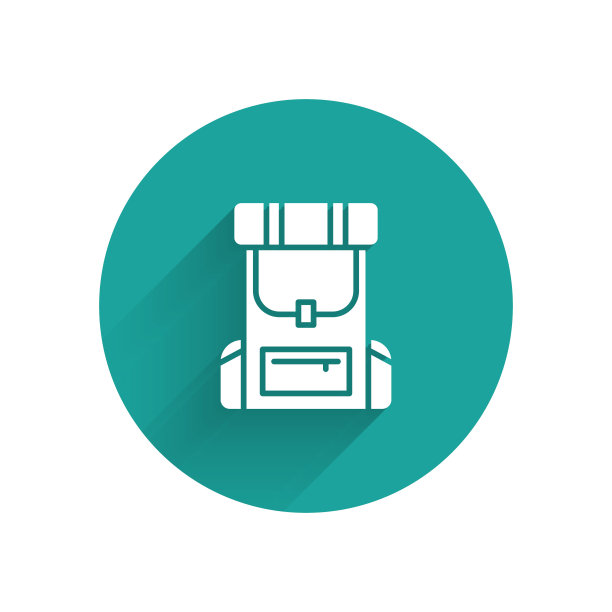 白色徒步背包图标孤立与长影子。野营和登山背包。绿色圆圈按钮。矢量图图片下载