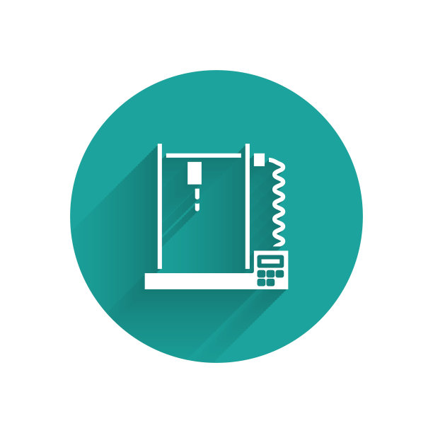 白色3D打印机图标孤立与长阴影。绿色圆圈按钮。矢量图图片下载