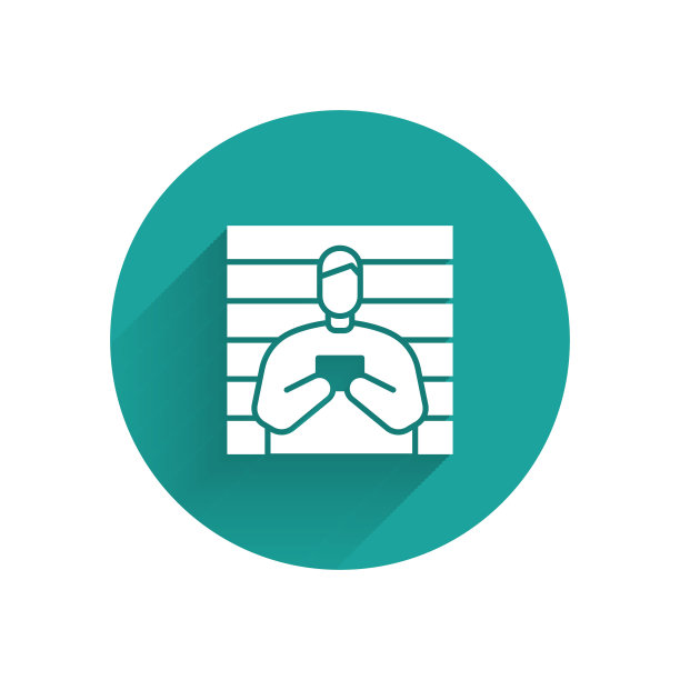 白色犯罪嫌疑人图标与长阴影隔离。罪犯在监狱里，疑近板。绿色圆圈按钮。矢量图图片下载