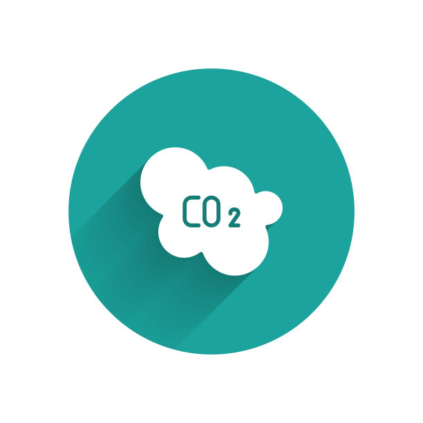 白色的二氧化碳排放在云图标孤立与长影子。二氧化碳公式，烟雾污染概念，环境概念。绿色圆圈按钮。矢量图图片下载