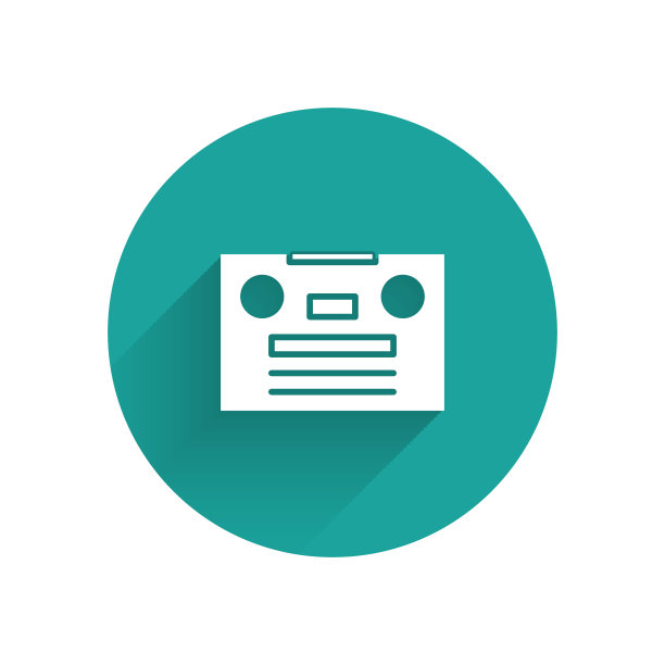 白色复古磁带图标孤立与长影子。绿色圆圈按钮。矢量图图片下载