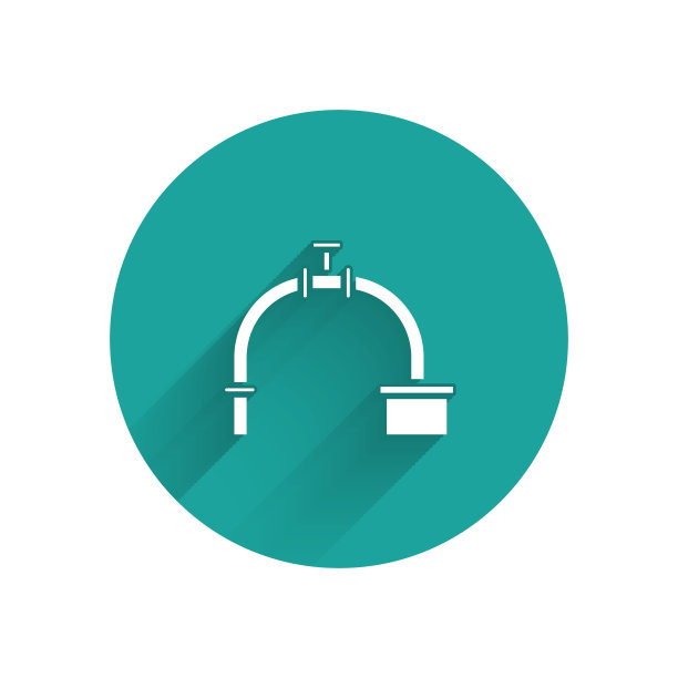 白色工业金属管与阀门图标隔离，带有长阴影。绿色圆圈按钮。矢量图图片下载