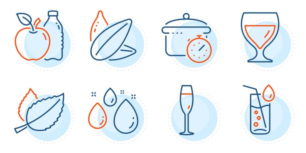 薄荷叶，酒杯和煮沸锅图标集。水杯、苹果和水滴标志。向量图片下载