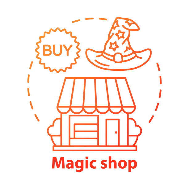 魔术商店概念图标。巫术配件销售理念细线插图。神秘纪念品，超自然物品零售服务。向导帽和存储建筑矢量孤立轮廓绘制图片下载
