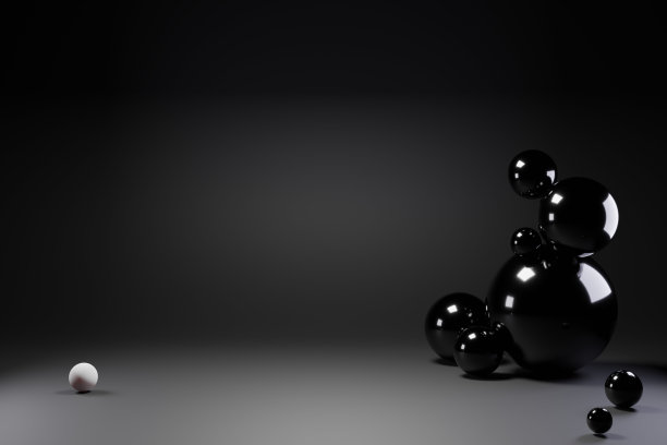 黑色抽象3d渲染背景。电脑生成的极简背景与几何形状的球，白色的球。现代设计的海报封面品牌旗帜海报。图片下载