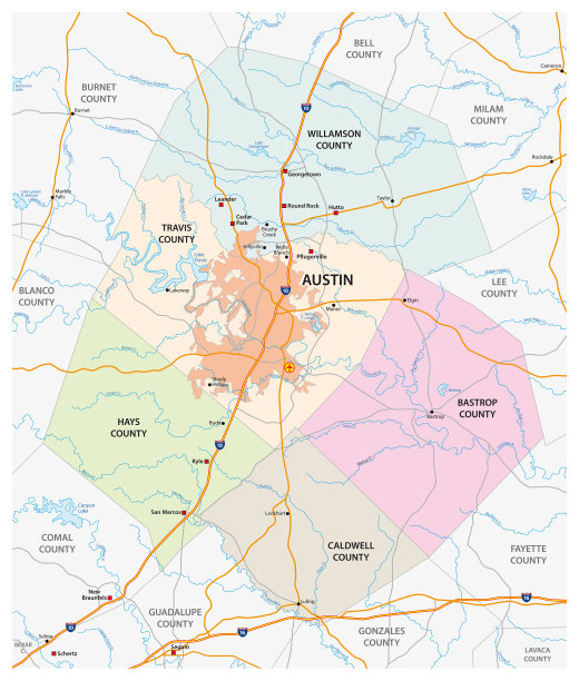 美国德克萨斯州奥斯汀市道路和行政矢量地图图片下载