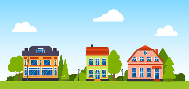 街道房子卡通全景树向量横幅图片下载