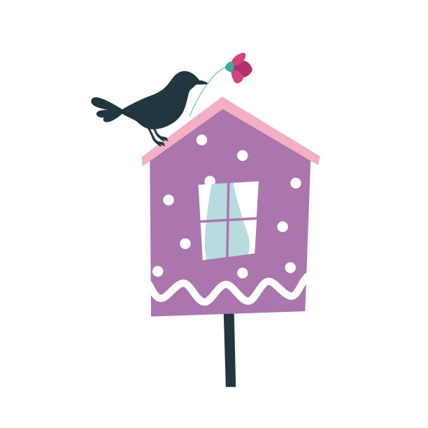 矢量小鸟坐在一个鸟屋的屋顶上，孤立在白色的背景上图片下载