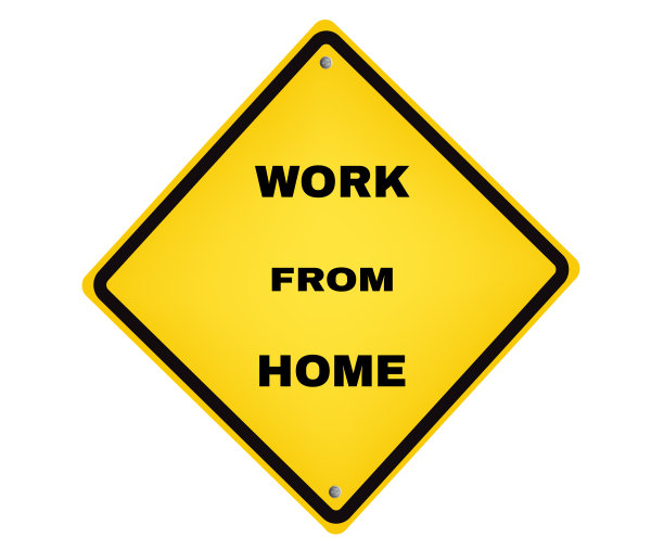 黄色板与信息在家工作，注意和小心黄色菱形标志，标志符号背景，矢量插图。图片下载