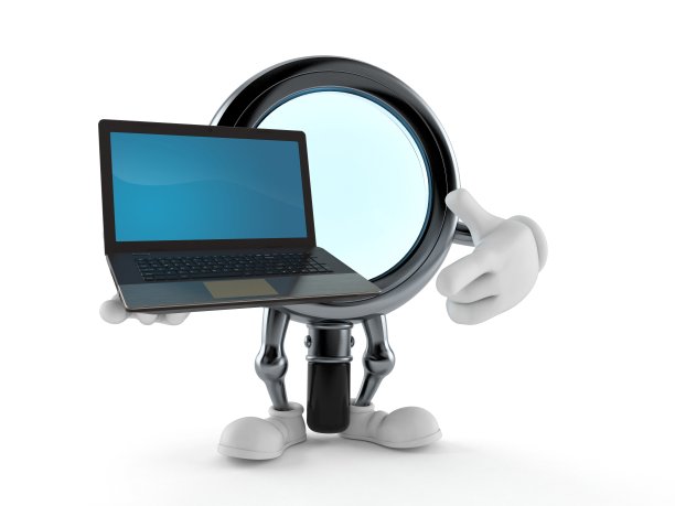 放大镜字符持有笔记本电脑图片下载