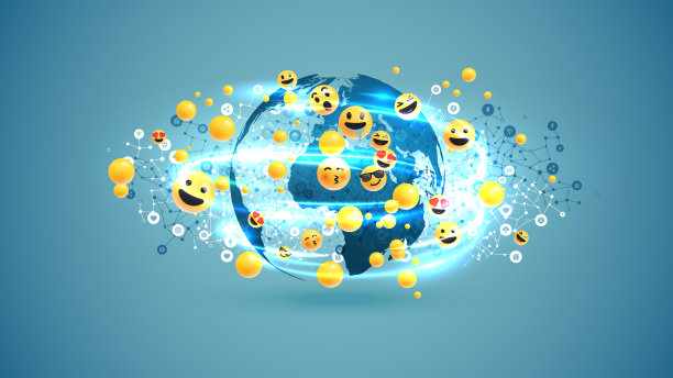 不同的黄色表情和气泡在全球各地的轻漩涡和网络，矢量插图图片下载