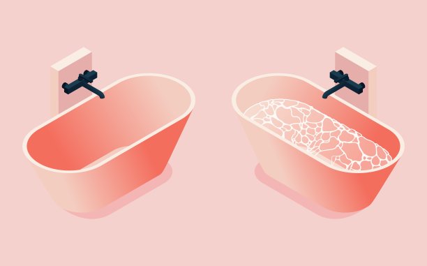 孤立在粉红色背景矢量3d空和充满水浴缸。图片下载