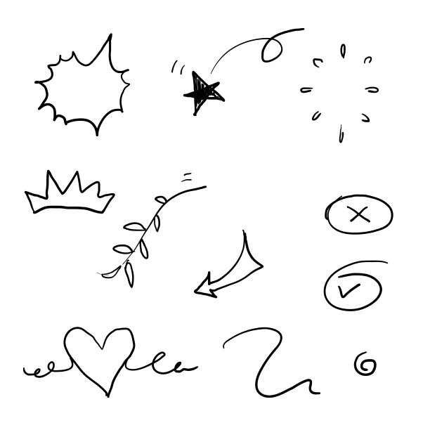 元素集合，黑白背景。箭，心，爱，星星，叶子，太阳，光，花，雏菊，皇冠，国王，王后，嗖嗖，俯冲，强调，漩涡，心，涂鸦图片下载