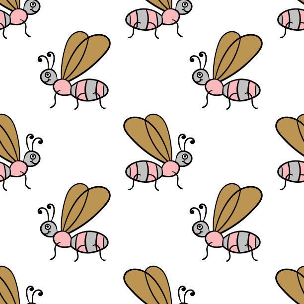 无缝图案与卡通涂鸦线形摇蚊、苍蝇。天真烂漫的昆虫的背景。矢量插图。图片下载