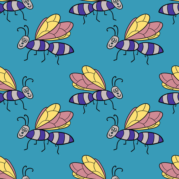 无缝图案与卡通涂鸦线形摇蚊、苍蝇。天真烂漫的昆虫的背景。矢量插图。图片下载