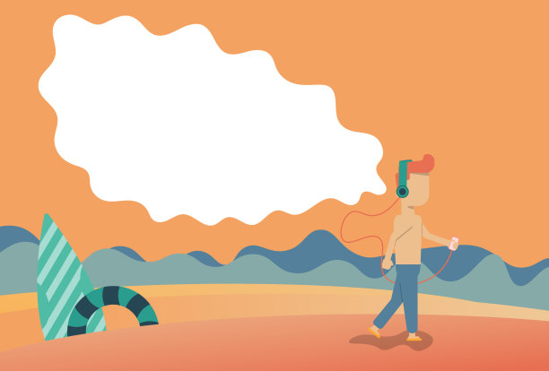 在海边听音乐的男人，矢量，插画家图片下载