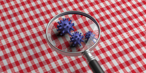 covid - 19冠状病毒感染，医用放大镜对纺织品的背景。三维演示图片下载