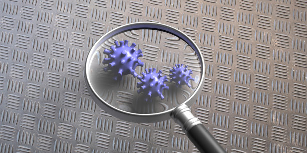 新型冠状病毒感染，医用放大镜上的金属背景。三维演示图片下载