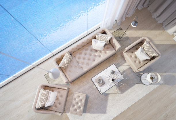 顶视图豪华房子内部。客厅沙发、扶手椅、凳子、边桌、台灯、窗帘、无限大游泳池。度假屋或度假别墅图片下载