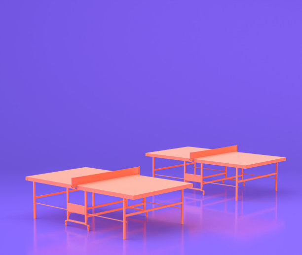 拱廊乒乓球台，娱乐中心物品在紫色的平面房间，3d渲染图片下载