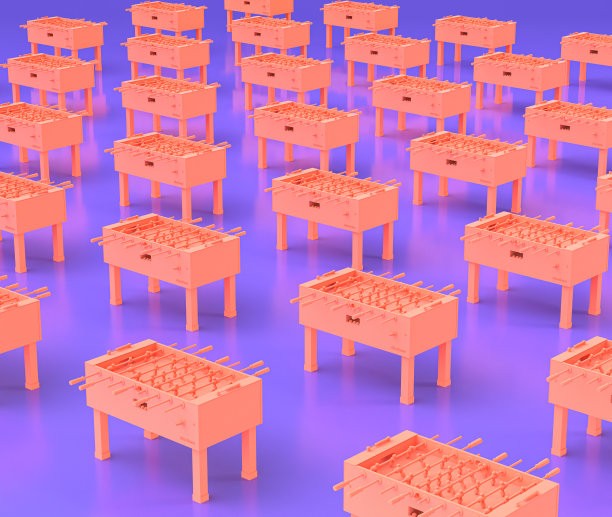 多个街机桌上足球桌，娱乐中心物体在紫色的平面房间，3d渲染图片下载