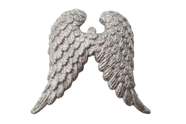 闪闪发光的圣诞装饰和天使装饰概念天使的翅膀覆盖在白色的背景与裁剪路径切割孤立图片下载