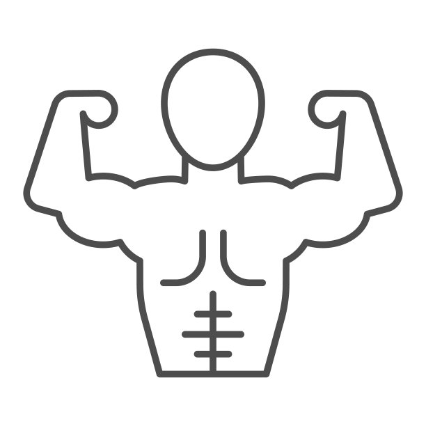 肌肉男线和固体图标。健美者健身模型与肌肉符号，轮廓风格象形图上的白色背景。健康生活方式标志的移动概念和网页设计。矢量图形。图片下载